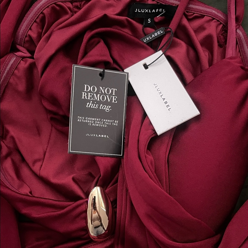 JLUXLABEL Wine Red Satin Slip Dress with Gold Accent